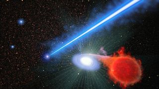 Image of a blue laser beam shooting through a black hole and passing through a binary star system