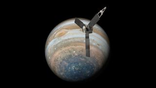 A photo of the juno spacecraft with Jupiter in the background