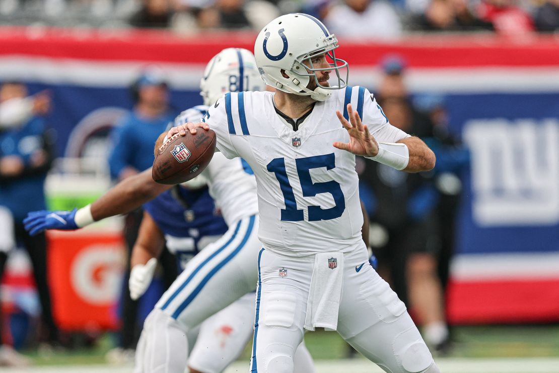 December 29, 2024; East Rutherford, New Jersey, USA; Indianapolis Colts quarterback Joe Flacco (15) throws a pass during the first half against the New York Giants at MetLife Stadium. Mandatory Credit: Images by Vincent Carchietta-Imagn