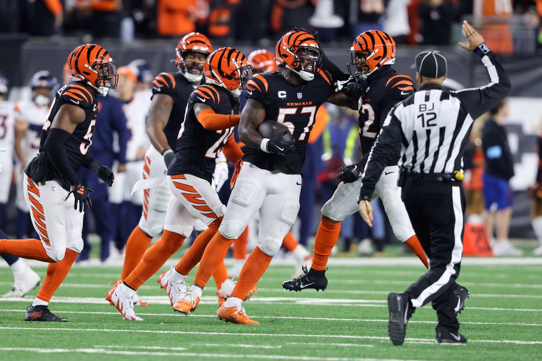 December 28, 2024; Cincinnati, Ohio, USA; Cincinnati Bengals tight end Germaine Pratt (57) celebrates after his catch during the fourth quarter against the Denver Broncos at Paycor Stadium. Mandatory Credit: Images by Joseph Maiorana-Imagn