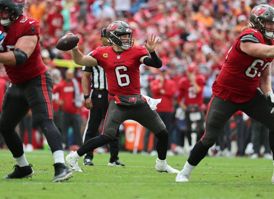 December 29, 2024; Tampa, Florida, USA; Tampa Bay Buccaneers quarterback Baker Mayfield (6) throws the ball against the Carolina Panthers during the second half at Raymond James Stadium. Mandatory Credit: Images by Kim Klement Neitzel-Imagn