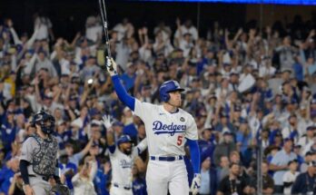 Los Angeles Dodgers first baseman Freddie Freeman celebrates after hitting his tenth inning home run against the New York Yankees during Game 1 of the 2024 MLB World Series at Dodger Stadium.