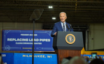 President Joe Biden speaks at an event about replacing lead pipes