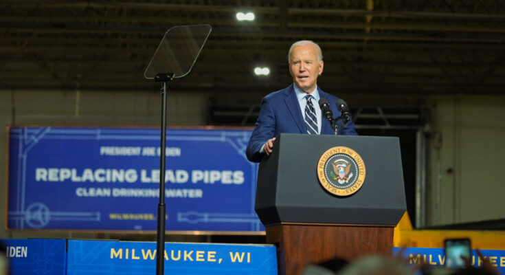 President Joe Biden speaks at an event about replacing lead pipes