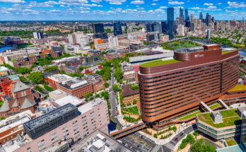 A bird's-eye view of Penn Medicine and the University of Pennsylvania campus with the city skyline in the background.