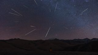 Time-lapse photo showing many meteors flying through the night sky