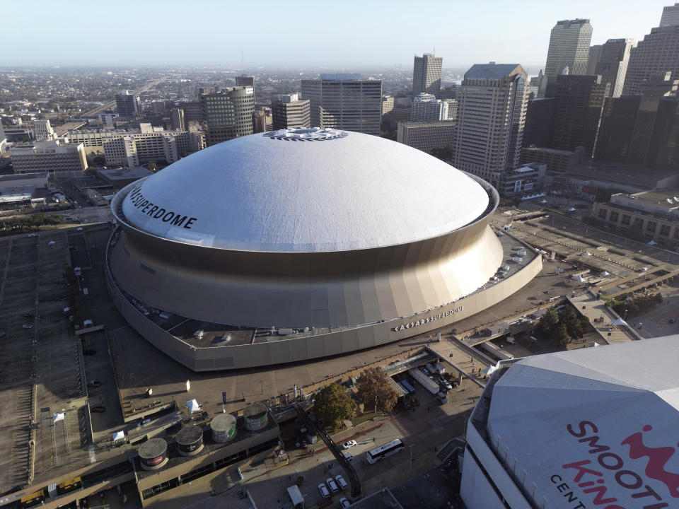 A general view of the exterior of the Caesars Superdome, Sunday, December 15, 2024, in New Orleans. (AP Photo/Tyler Kaufman)