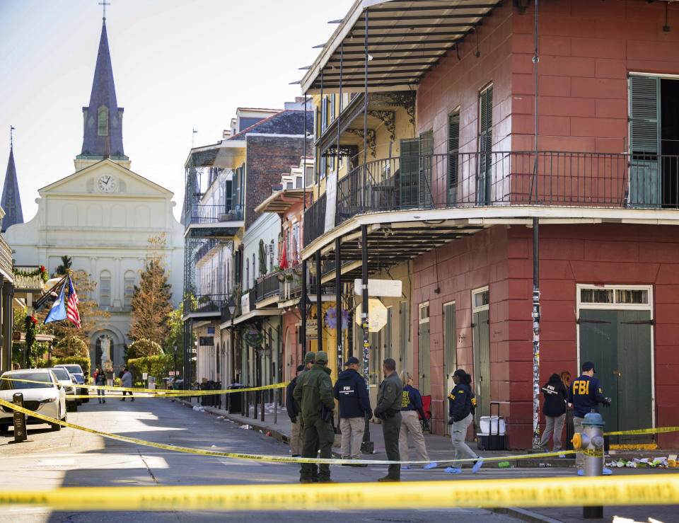 The FBI is investigating the area of ​​Orleans and Bourbon Street in the French Quarter after someone drove a truck into a crowd earlier Wednesday. (AP Photo/Matthew Hinton)